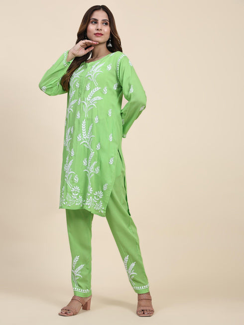 Fizaa Chikankari Short Modal Kurta Set - Green